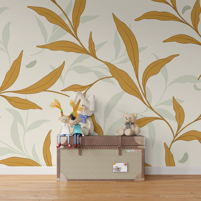 Papier peint chambre bébé | Feuilles délicates en tons dorés et verts sur fond clair