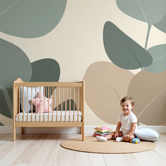 Papier peint chambre bébé | Feuilles délicates en tons doux sur fond clair