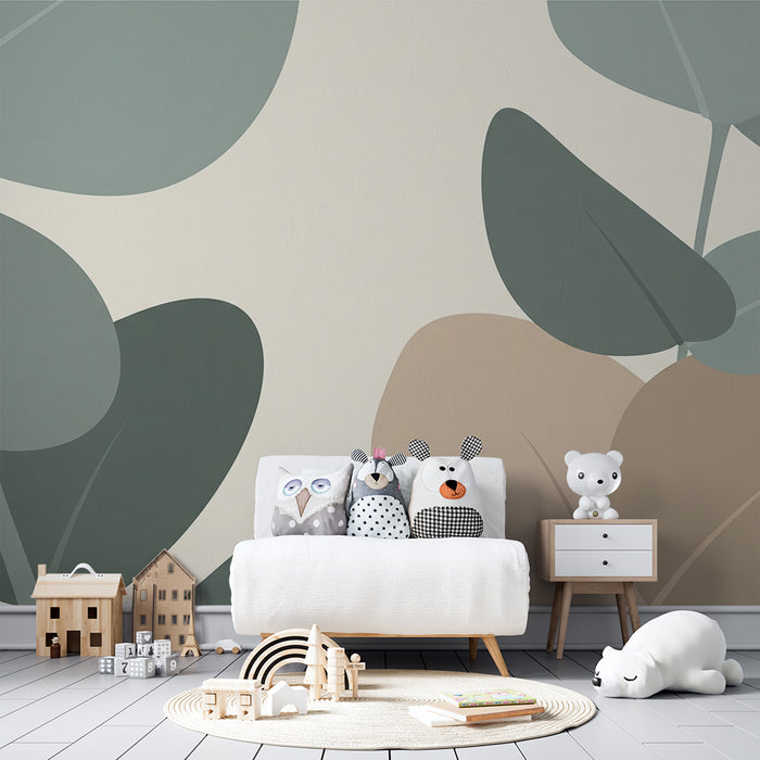 Papier peint chambre bébé | Feuilles délicates en tons doux sur fond clair