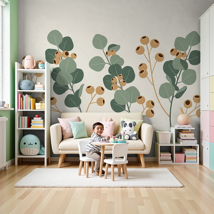 Papel pintado para habitación infantil | Hojas delicadas y bayas en tonos suaves