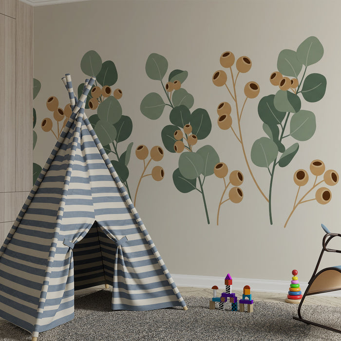 Papel pintado para habitación infantil | Hojas delicadas y bayas en tonos suaves
