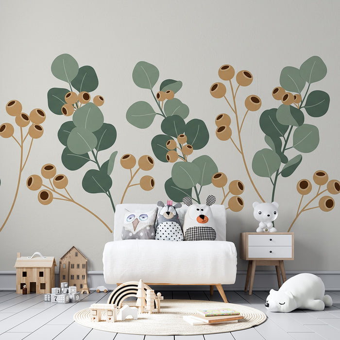 Papel pintado para habitación infantil | Hojas delicadas y bayas en tonos suaves