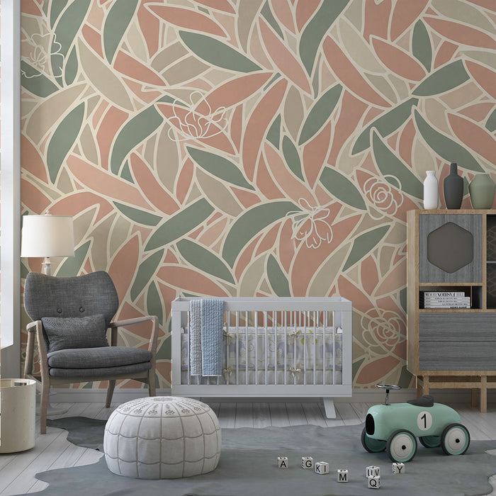 Papier peint chambre bébé | Feuilles délicates et fleurs pastel pour une ambiance douce