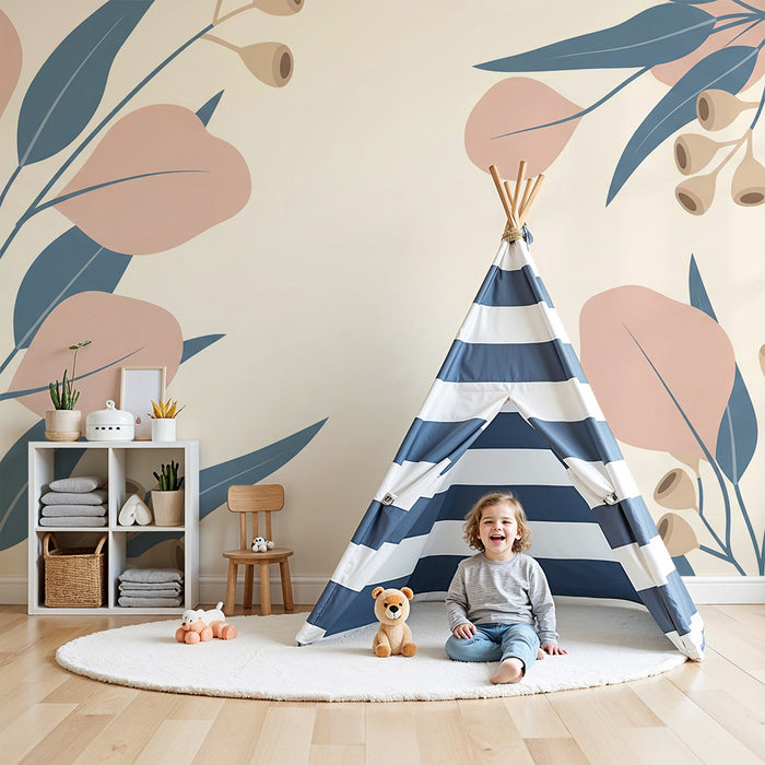 Papier peint chambre bébé | Feuilles délicates et fleurs pastel sur fond doux