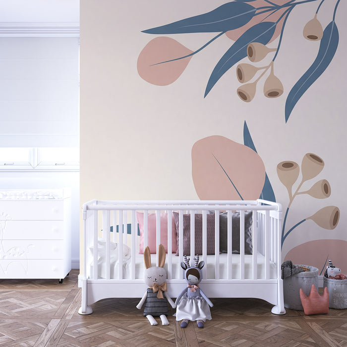 Papier peint chambre bébé | Feuilles délicates et fleurs pastel sur fond doux