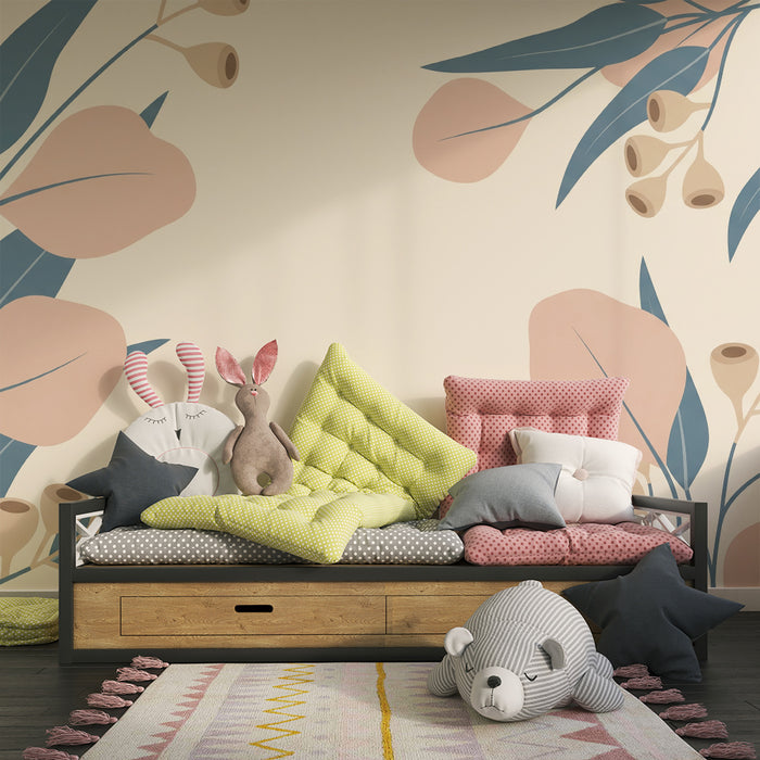 Papier peint chambre bébé | Feuilles délicates et fleurs pastel sur fond doux