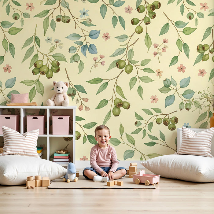 Babyromspapir | Fine blader og pastellblomster på myk bakgrunn
