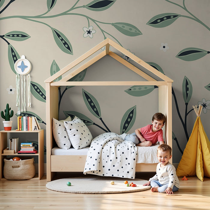 Papier peint chambre bébé | Feuilles délicates et fleurs sur fond doux