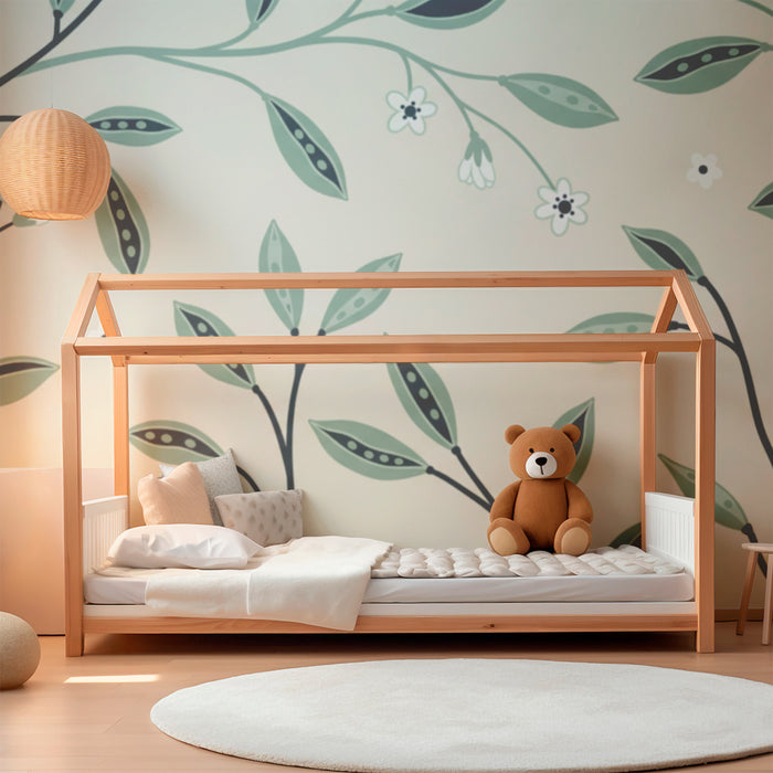 Papier peint chambre bébé | Feuilles délicates et fleurs sur fond doux