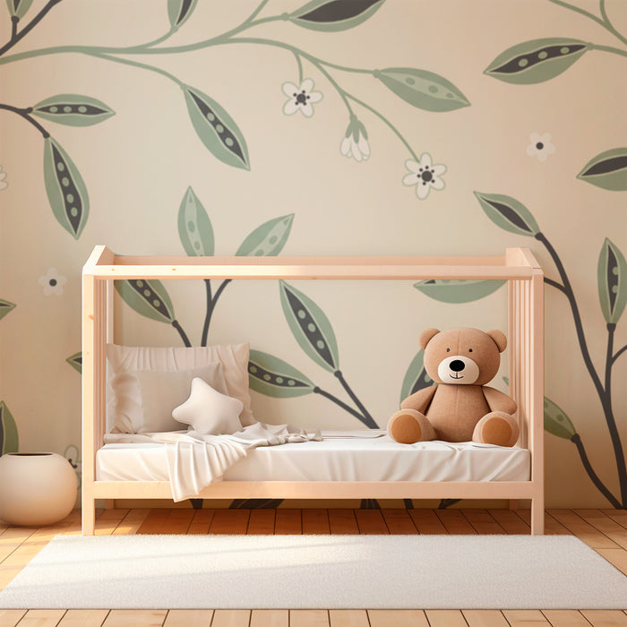 Papier peint chambre bébé | Feuilles délicates et fleurs sur fond doux