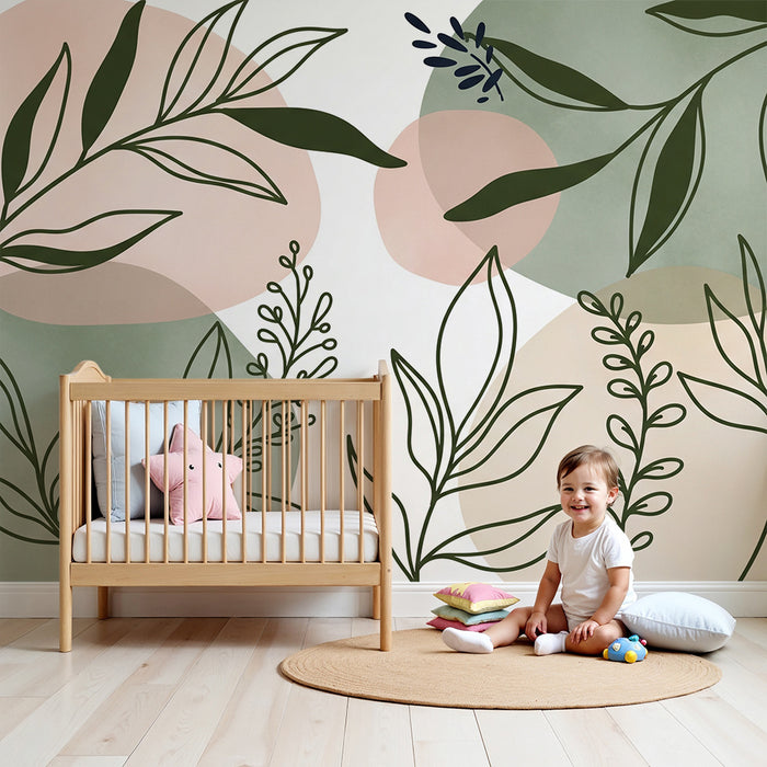Papier peint chambre bébé | Feuilles délicates et formes douces dans des tons apaisants