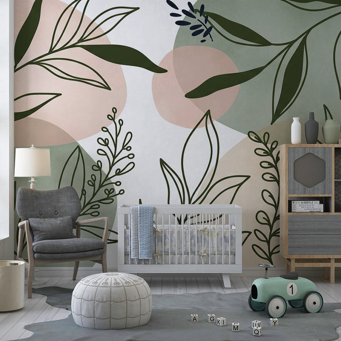 Papier peint chambre bébé | Feuilles délicates et formes douces dans des tons apaisants