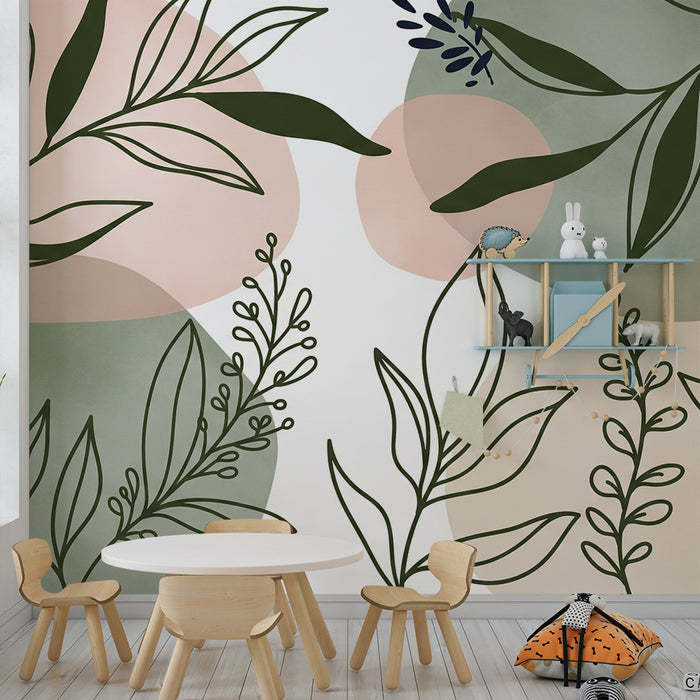 Papier peint chambre bébé | Feuilles délicates et formes douces dans des tons apaisants
