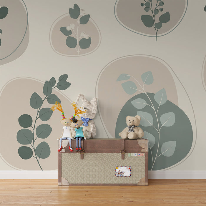 Papier peint chambre bébé | Feuilles délicates et formes organiques dans des tons doux