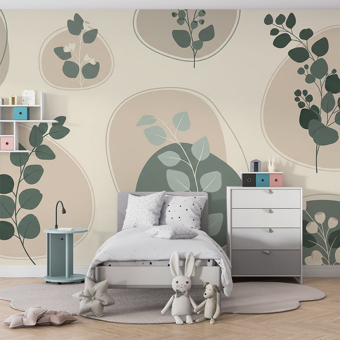 Papier peint chambre bébé | Feuilles délicates et formes organiques dans des tons doux