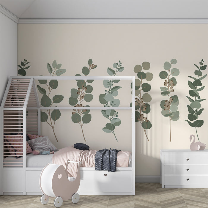 Barnetapet | Bladmønstre og rolige botaniske motiver på myk bakgrunn