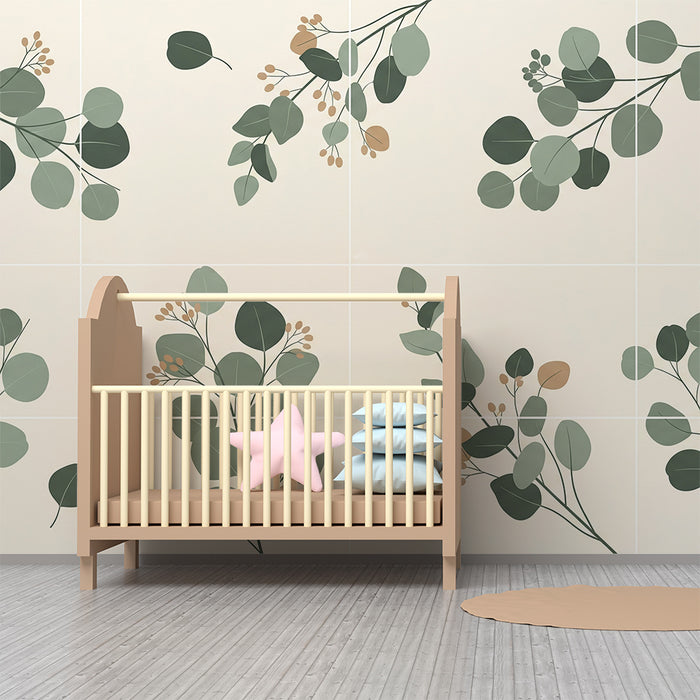 Babyværelses tapet | Bløde blade og beroligende botaniske mønstre på en mild baggrund