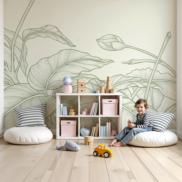 Nursery wallpaper | Delicate leaves and floral patterns in pastel green