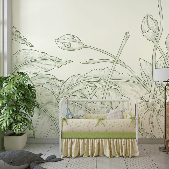 Nursery wallpaper | Delicate leaves and floral patterns in pastel green