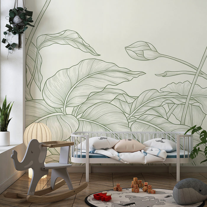 Nursery wallpaper | Delicate leaves and floral patterns in pastel green