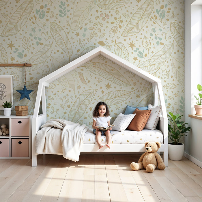 Nursery room wallpaper | Delicate leaves and floral patterns on a soft background