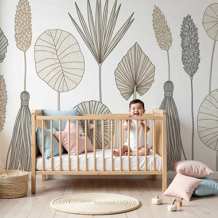 Nursery room wallpaper | Delicate leaves and natural patterns in soft tones