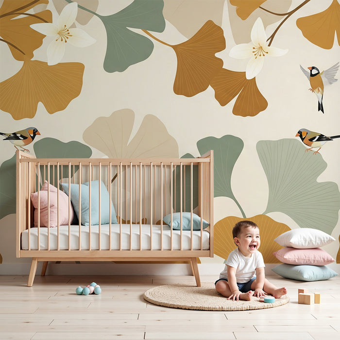 Papel pintado para habitación de bebé | Hojas delicadas y pájaros coloridos sobre fondo suave