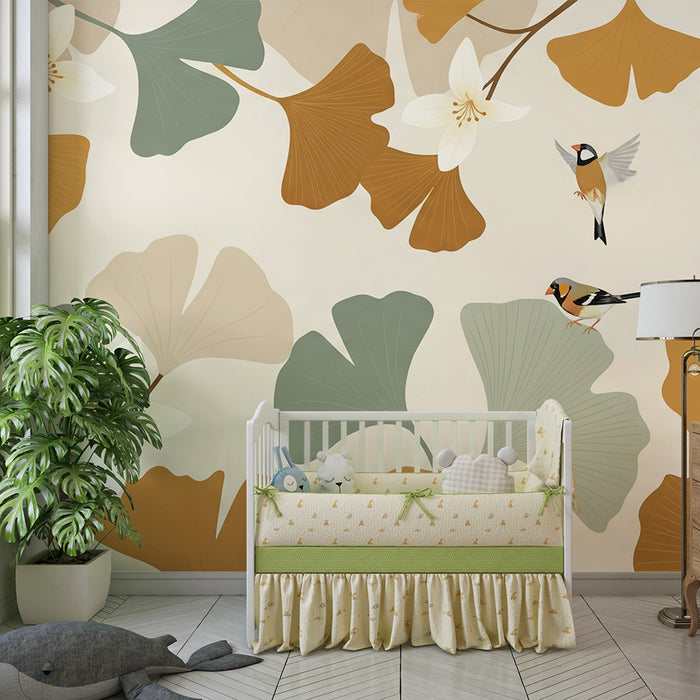 Papel pintado para habitación de bebé | Hojas delicadas y pájaros coloridos sobre fondo suave