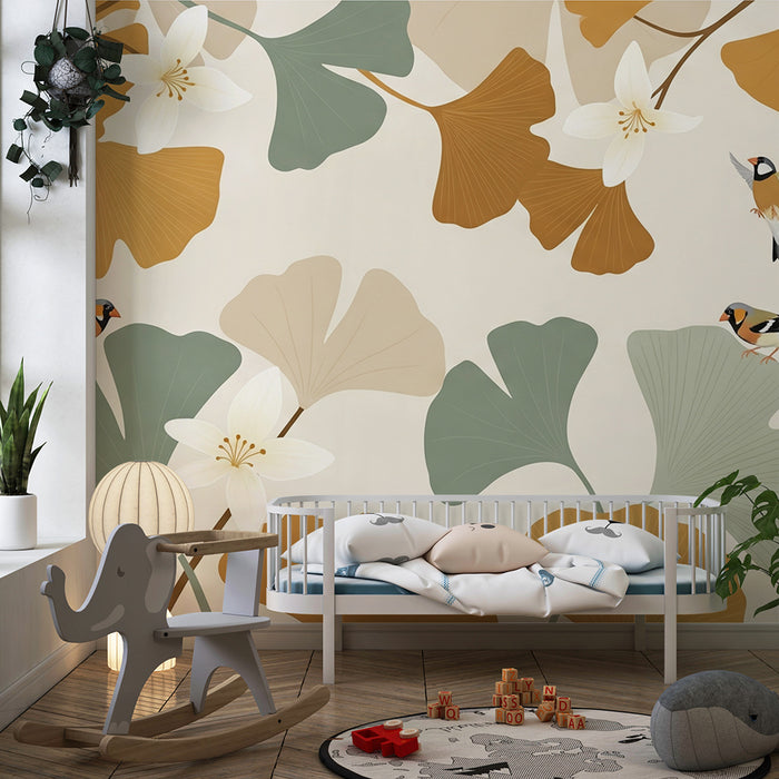 Papel pintado para habitación de bebé | Hojas delicadas y pájaros coloridos sobre fondo suave