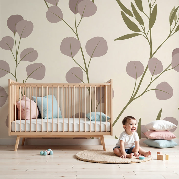 Papier peint chambre bébé | Feuilles délicates et pivoines dans des teintes douces