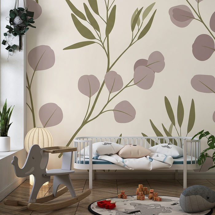 Papier peint chambre bébé | Feuilles délicates et pivoines dans des teintes douces