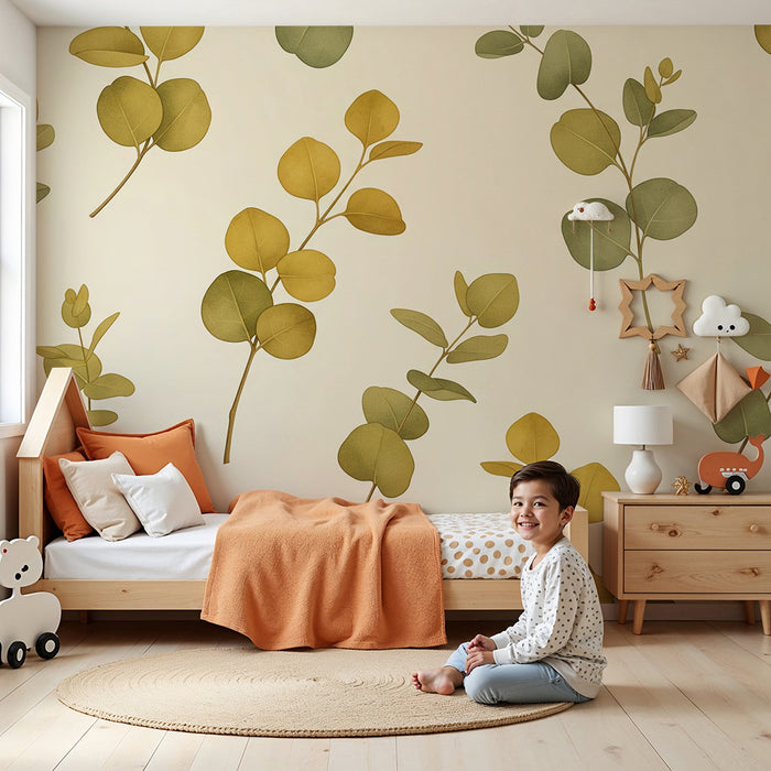 Papier peint chambre bébé | Feuilles délicates sur fond crème