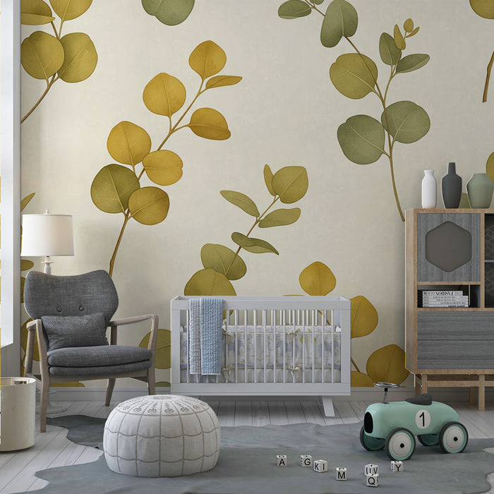 Papier peint chambre bébé | Feuilles délicates sur fond crème