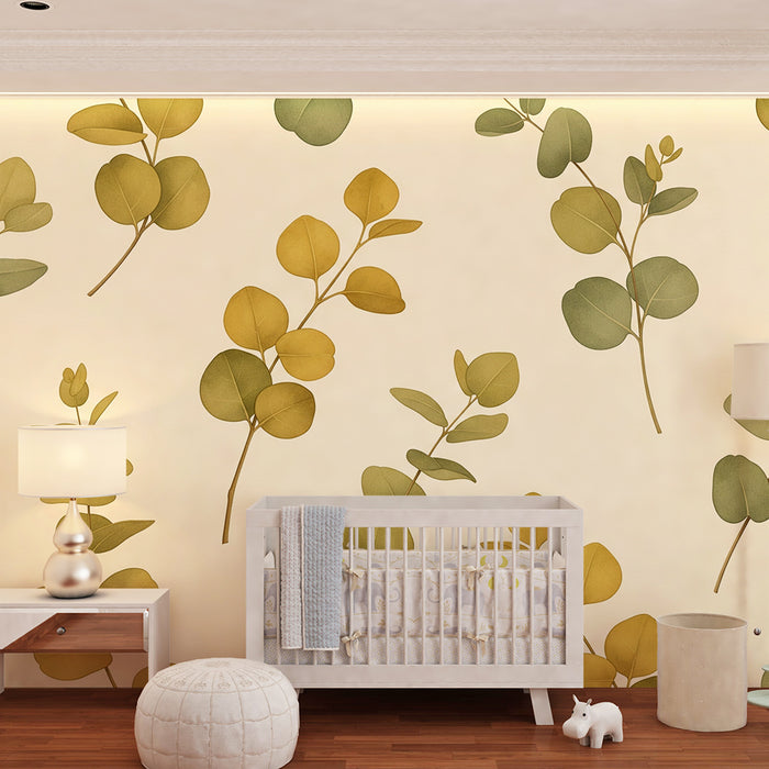 Papier peint chambre bébé | Feuilles délicates sur fond crème