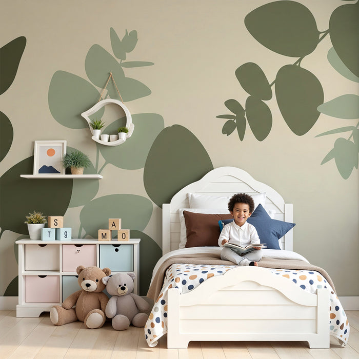 Papier peint chambre bébé | Feuilles délicates sur fond doux dans une ambiance naturelle