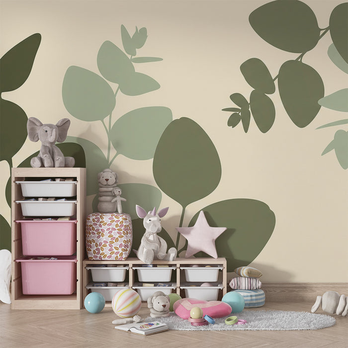 Papier peint chambre bébé | Feuilles délicates sur fond doux dans une ambiance naturelle