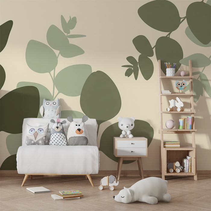 Papier peint chambre bébé | Feuilles délicates sur fond doux dans une ambiance naturelle