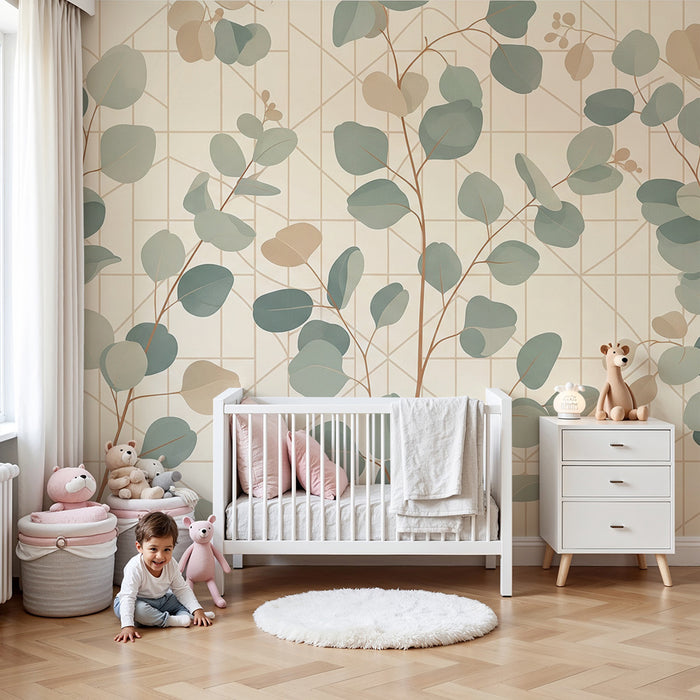 Papier peint chambre bébé | Feuilles délicates sur fond géométrique doux
