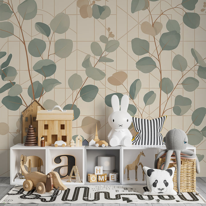 Papier peint chambre bébé | Feuilles délicates sur fond géométrique doux
