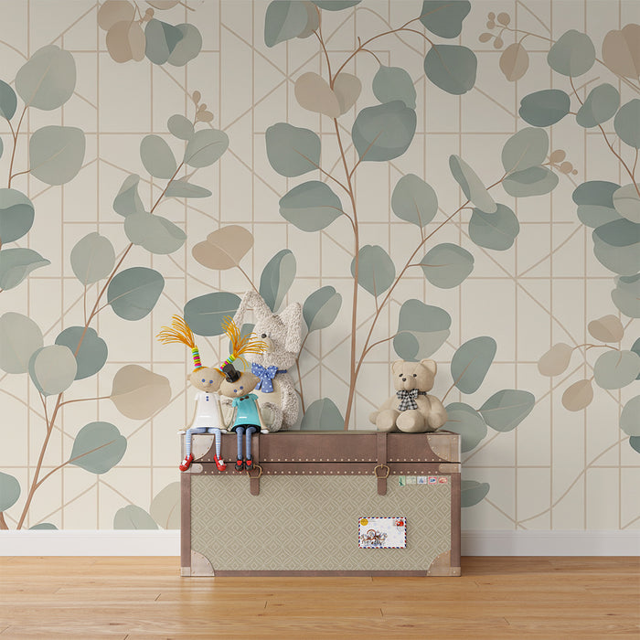 Papier peint chambre bébé | Feuilles délicates sur fond géométrique doux