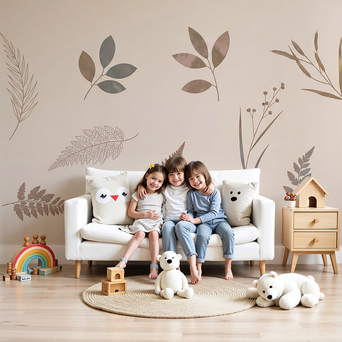 Papel pintado infantil | Hojas delicadas sobre fondo pastel