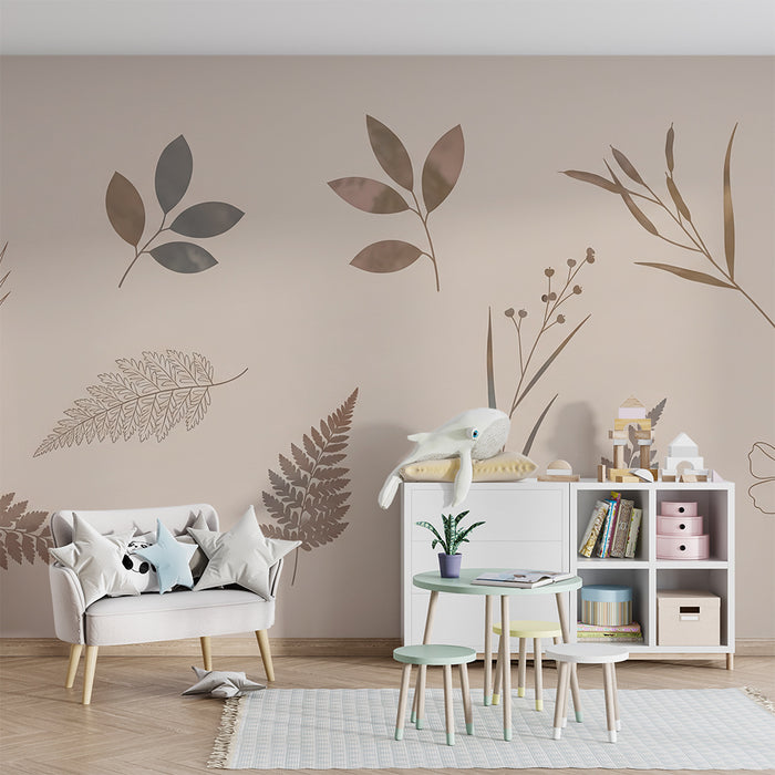 Papel pintado infantil | Hojas delicadas sobre fondo pastel