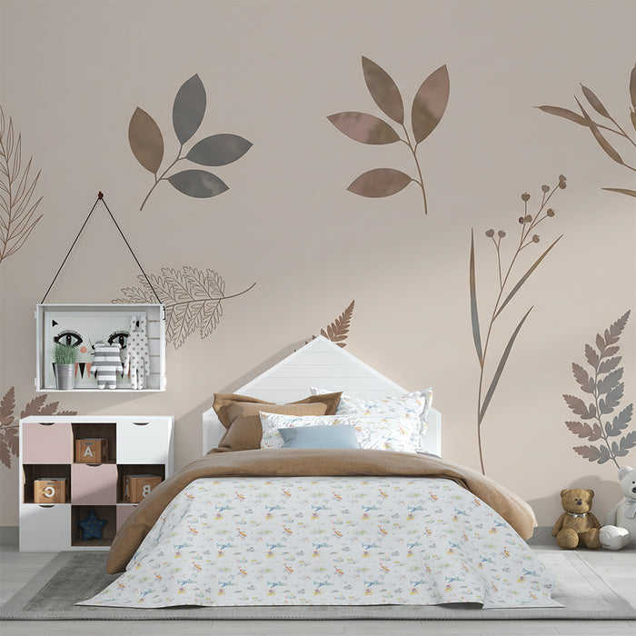 Papel pintado infantil | Hojas delicadas sobre fondo pastel