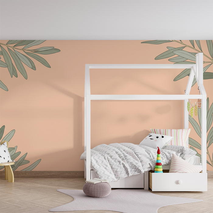 Papel de parede para quarto de bebé | Folhas delicadas sobre fundo pêssego pastel