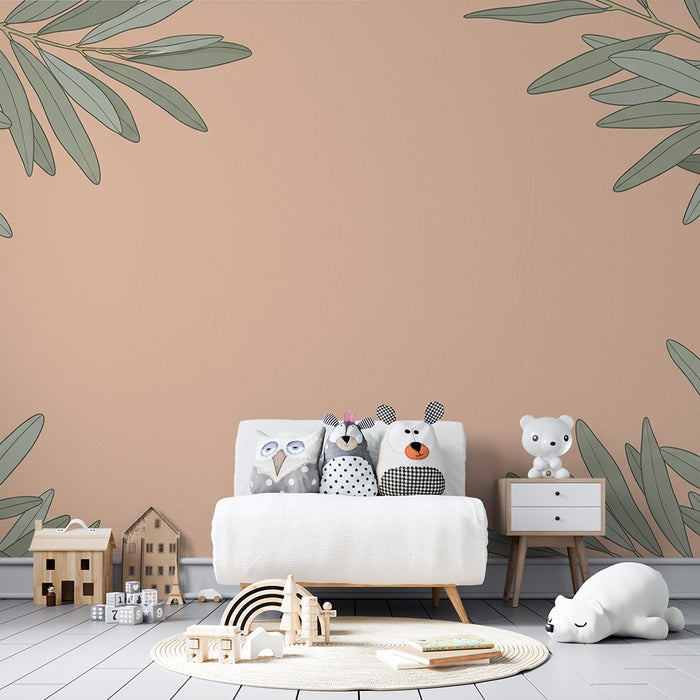 Papel de parede para quarto de bebé | Folhas delicadas sobre fundo pêssego pastel