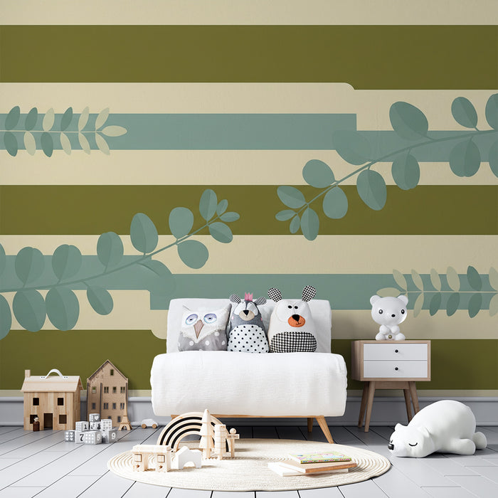 Papier peint chambre bébé | Feuilles délicates sur fond rayé aux tons apaisants