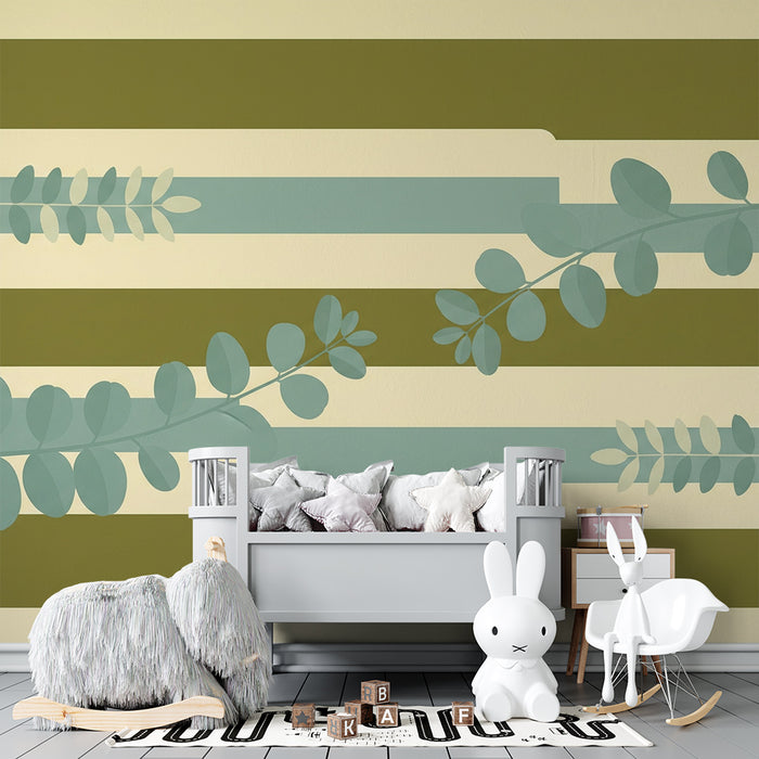 Papier peint chambre bébé | Feuilles délicates sur fond rayé aux tons apaisants