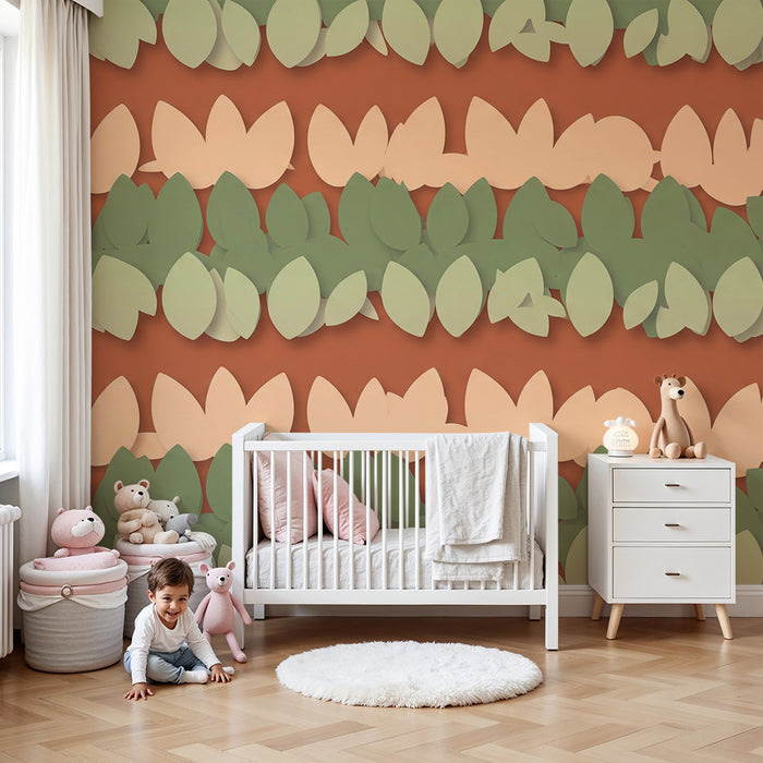 Papier peint chambre bébé | Feuilles délicates sur fond terracotta