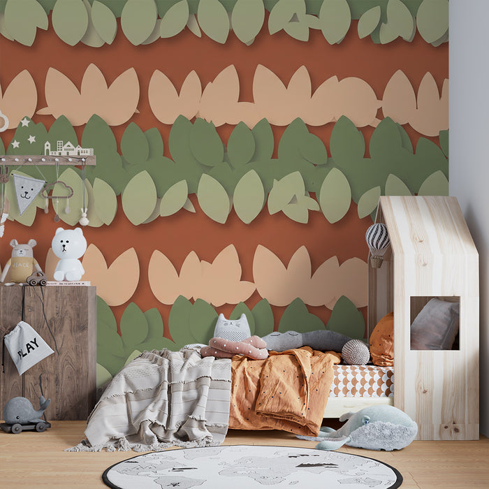 Papier peint chambre bébé | Feuilles délicates sur fond terracotta
