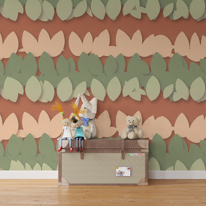 Papier peint chambre bébé | Feuilles délicates sur fond terracotta